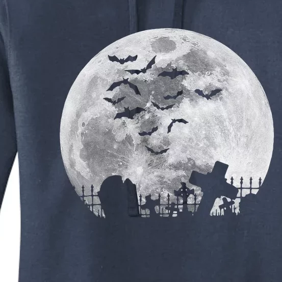 Halloween Full Moon Cemetery Graveyard Spooky Bats Night Women's Pullover Hoodie