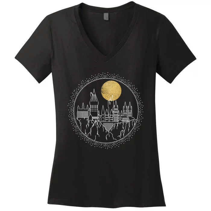 Hogwarts Full Moon Line Art Women's V-Neck T-Shirt