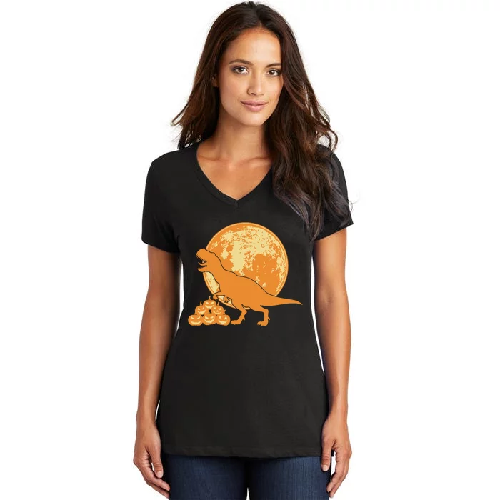 Halloween Full Moon Trex Pumpkins Women's V-Neck T-Shirt