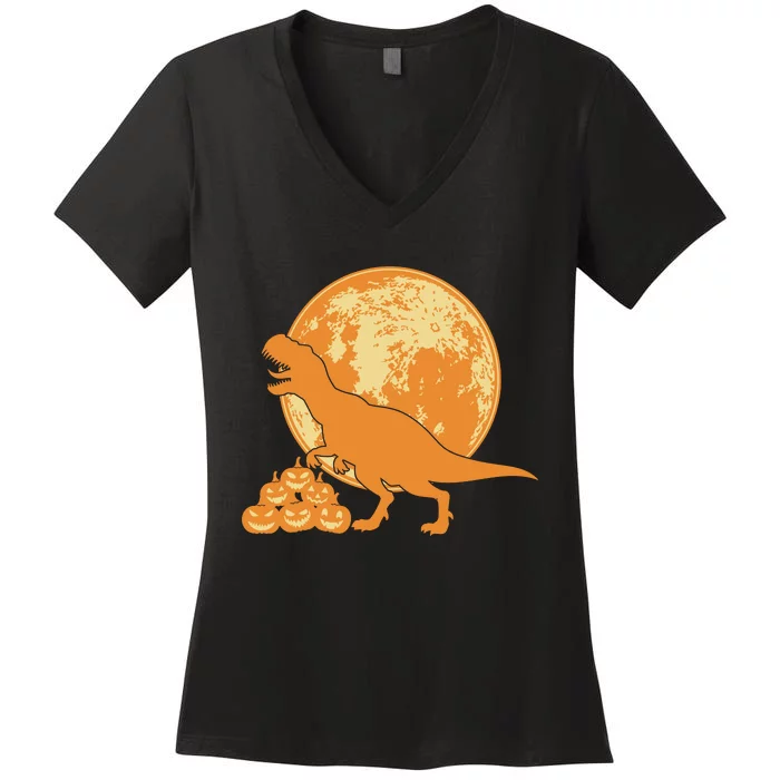 Halloween Full Moon Trex Pumpkins Women's V-Neck T-Shirt