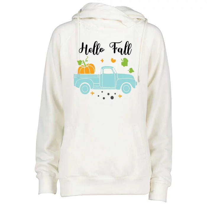 Hello Fall Pumpkin Vintage Truck Womens Funnel Neck Pullover Hood