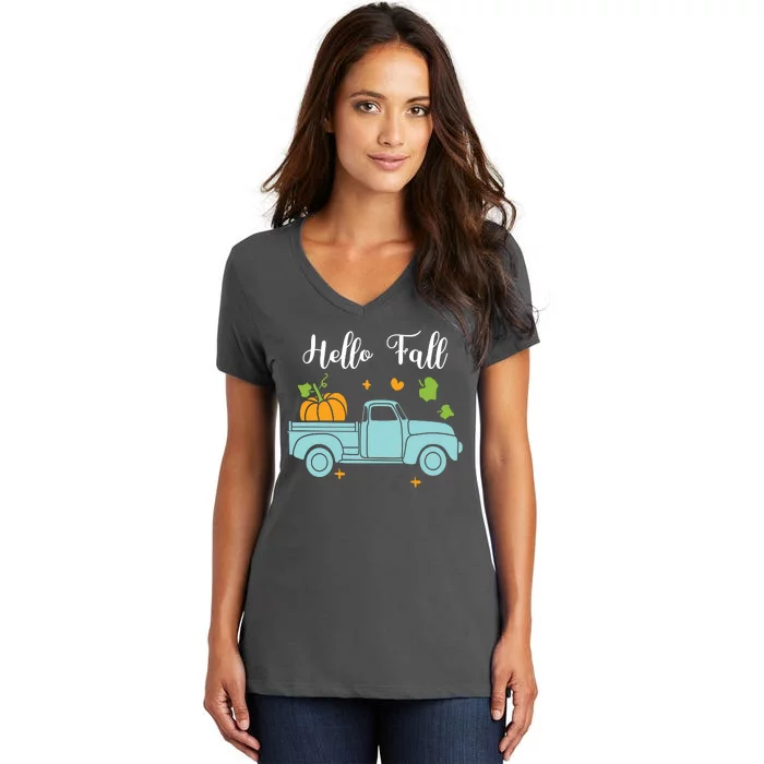 Hello Fall Pumpkin Vintage Truck Women's V-Neck T-Shirt