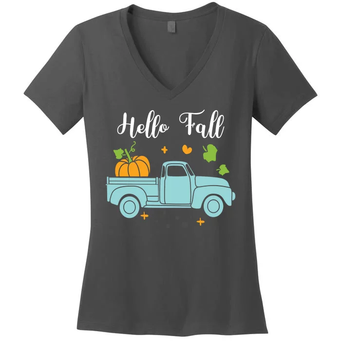 Hello Fall Pumpkin Vintage Truck Women's V-Neck T-Shirt