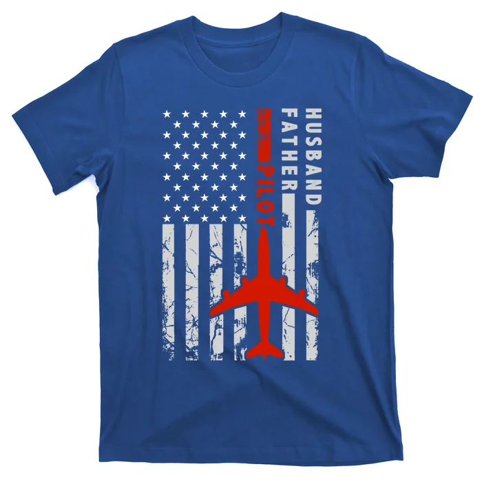 Husband Father Pilot American Flag Dad Pilot Us Flag Gift T-Shirt