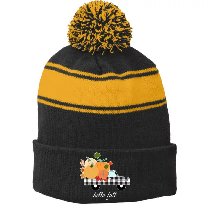 Hello Fall Pumpkin Patch Vintage Truck Stripe Pom Pom Beanie