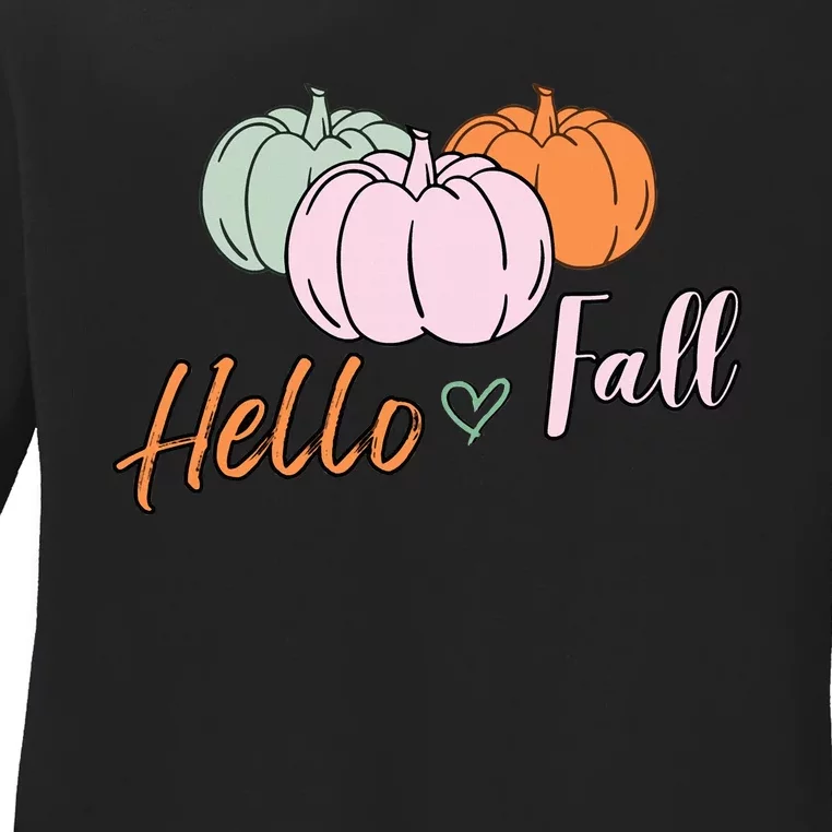 Hello Fall Pumpkin Thanksgiving Autumn Ladies Long Sleeve Shirt