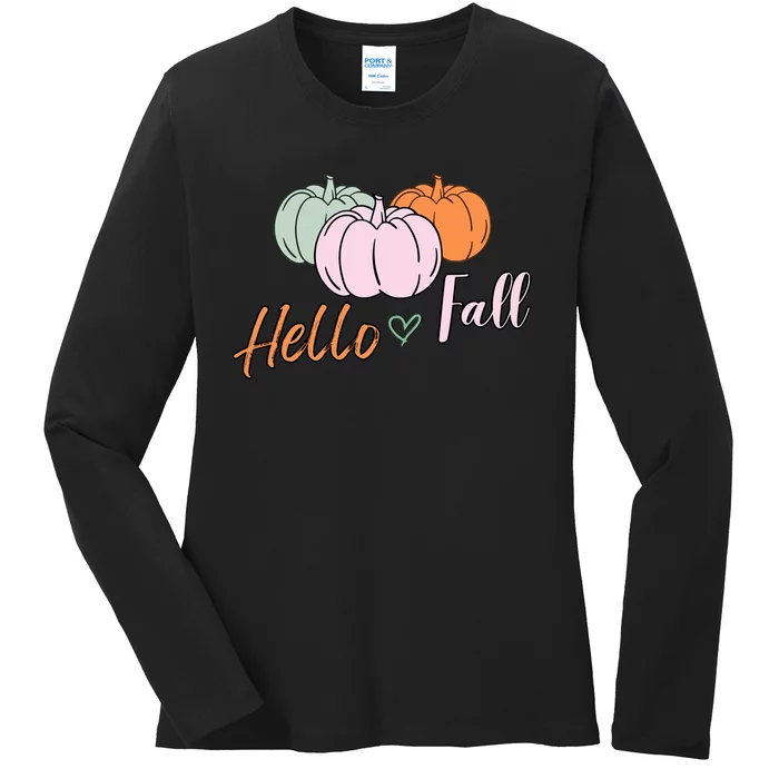 Hello Fall Pumpkin Thanksgiving Autumn Ladies Long Sleeve Shirt