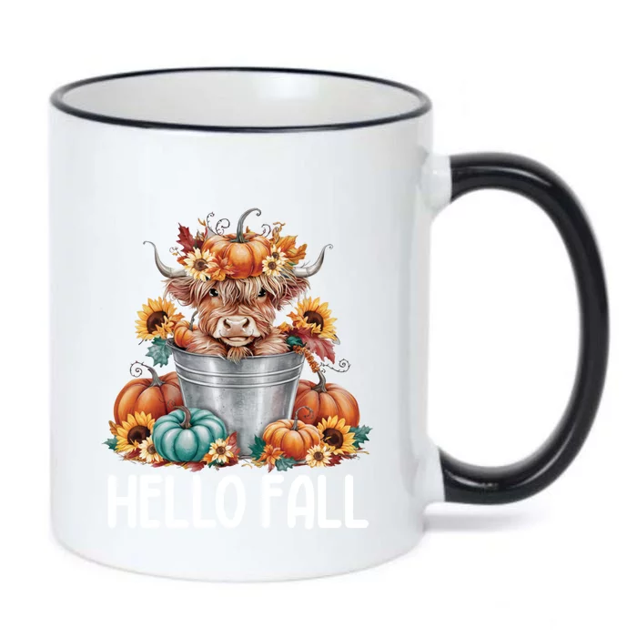 Hello Fall Pumpkin Highland Cow Harvest Season Autumn Cute Gift Black Color Changing Mug