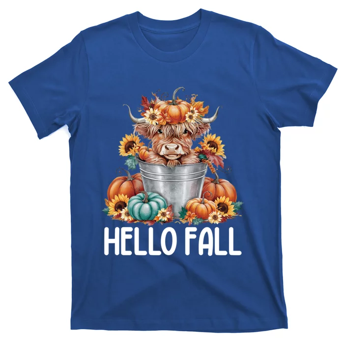 Hello Fall Pumpkin Highland Cow Harvest Season Autumn Cute Gift T-Shirt