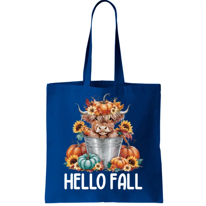 Hello Fall Pumpkin Highland Cow Harvest Season Autumn Cute Gift Tote Bag