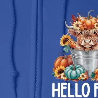 Hello Fall Pumpkin Highland Cow Harvest Season Autumn Cute Gift Full Zip Hoodie