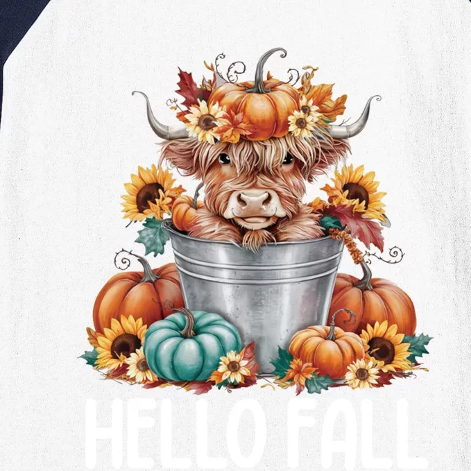 Hello Fall Pumpkin Highland Cow Harvest Season Autumn Cute Gift Baseball Sleeve Shirt