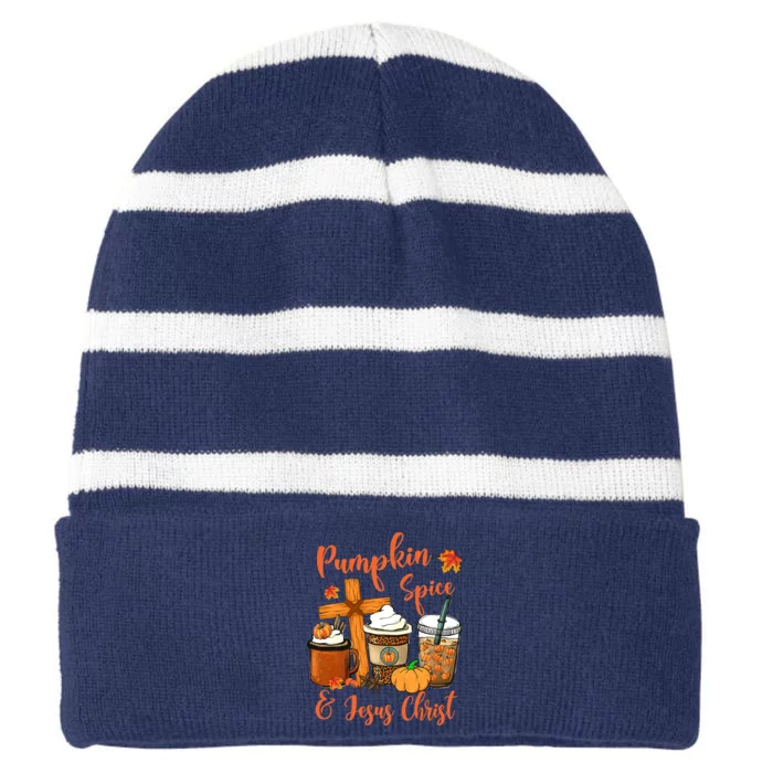 Hello Fall Pumpkin Spice & Jesus Christ Fall Christian Gift Striped Beanie with Solid Band