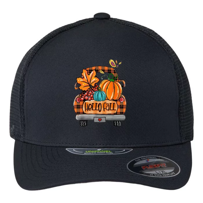 Hello Fall Pumpkin Truck Cute Flexfit Unipanel Trucker Cap