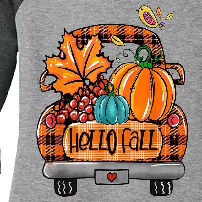 Hello Fall Pumpkin Truck Cute Women's Tri-Blend 3/4-Sleeve Raglan Shirt