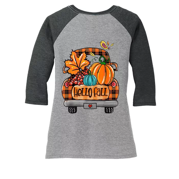 Hello Fall Pumpkin Truck Cute Women's Tri-Blend 3/4-Sleeve Raglan Shirt