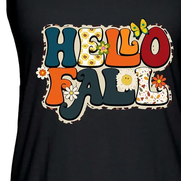 Hello Fall Retro Groovy Pumpkin Season Leopard Autumn Ladies Essential Flowy Tank