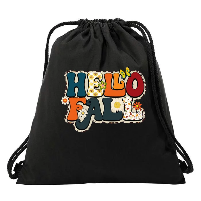 Hello Fall Retro Groovy Pumpkin Season Leopard Autumn Drawstring Bag