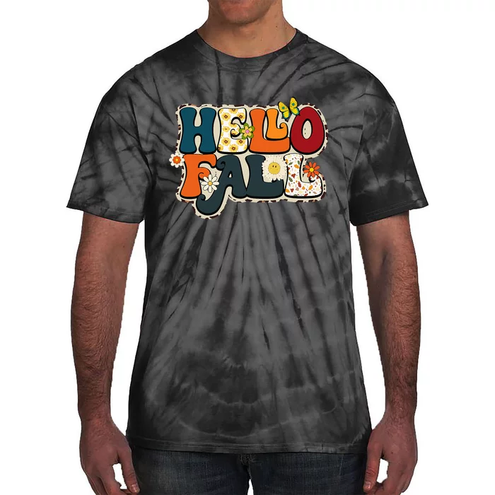 Hello Fall Retro Groovy Pumpkin Season Leopard Autumn Tie-Dye T-Shirt