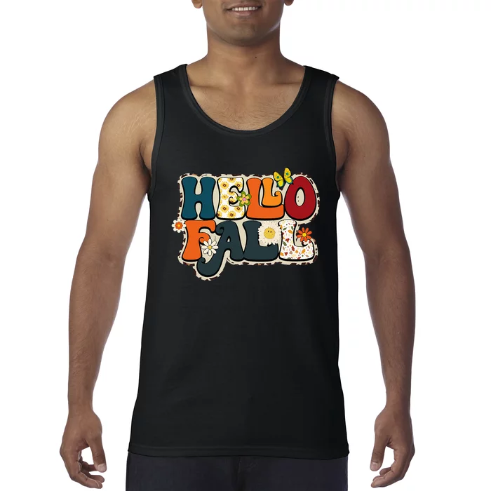 Hello Fall Retro Groovy Pumpkin Season Leopard Autumn Tank Top