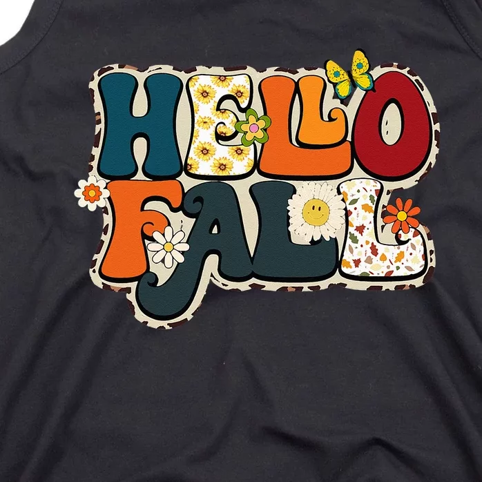 Hello Fall Retro Groovy Pumpkin Season Leopard Autumn Tank Top