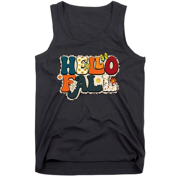 Hello Fall Retro Groovy Pumpkin Season Leopard Autumn Tank Top