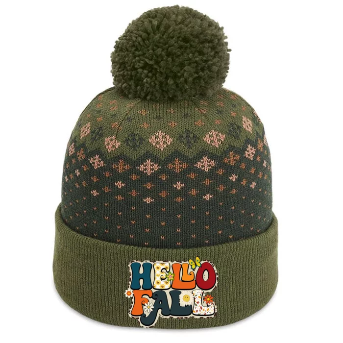 Hello Fall Retro Groovy Pumpkin Season Leopard Autumn The Baniff Cuffed Pom Beanie