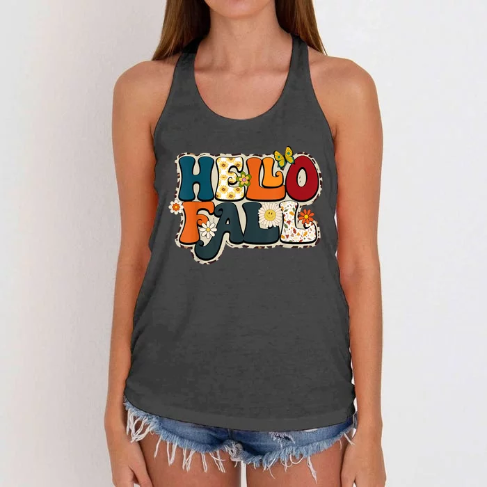 Hello Fall Retro Groovy Pumpkin Season Leopard Autumn Women's Knotted Racerback Tank