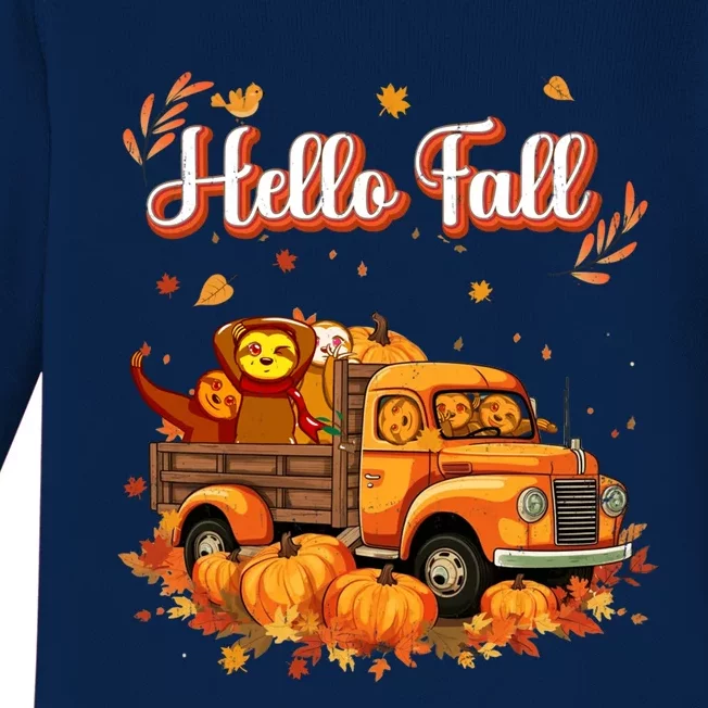 Hello Fall Sloth Truck Pumpkin Autumn Fall Halloween Costume Gift Baby Long Sleeve Bodysuit