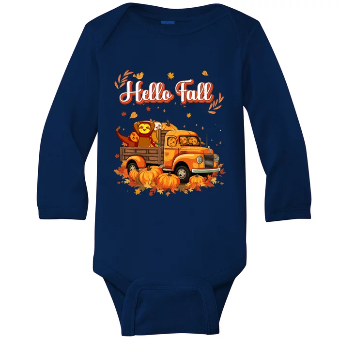 Hello Fall Sloth Truck Pumpkin Autumn Fall Halloween Costume Gift Baby Long Sleeve Bodysuit