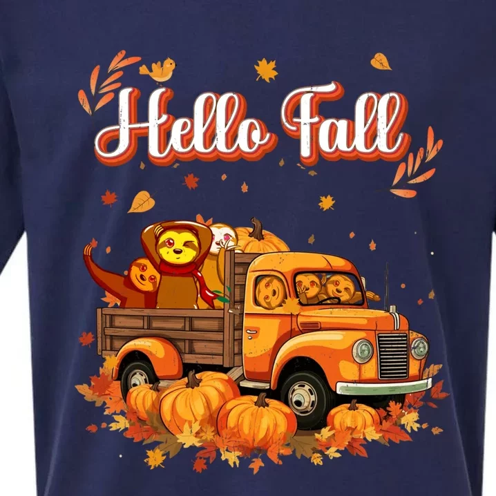 Hello Fall Sloth Truck Pumpkin Autumn Fall Halloween Costume Gift Sueded Cloud Jersey T-Shirt