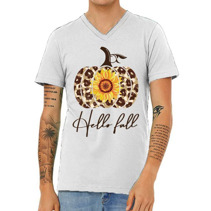 Hello Fall Sunflower Pumpkin V-Neck T-Shirt