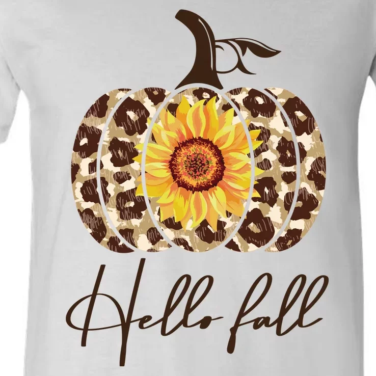 Hello Fall Sunflower Pumpkin V-Neck T-Shirt