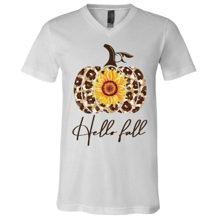 Hello Fall Sunflower Pumpkin V-Neck T-Shirt