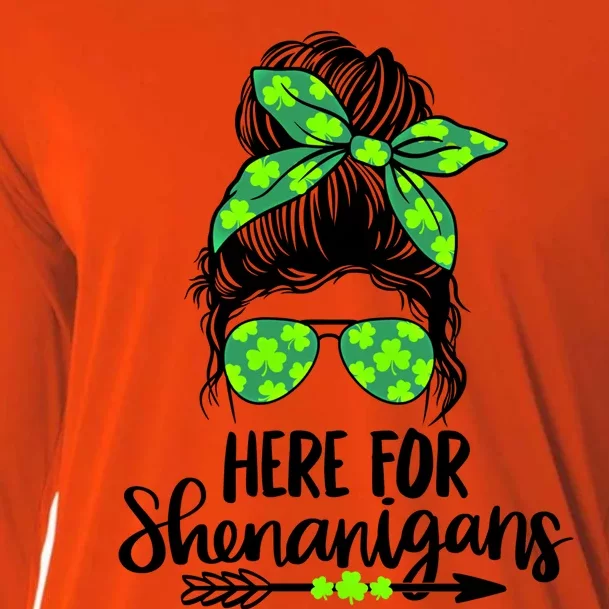 Here For Shenanigans Messy Bun St Patricks Day Great Gift Cooling Performance Long Sleeve Crew