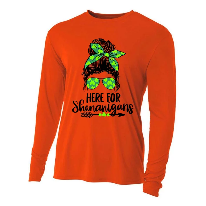 Here For Shenanigans Messy Bun St Patricks Day Great Gift Cooling Performance Long Sleeve Crew