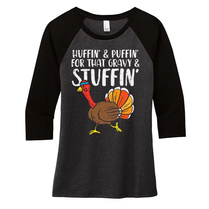 Huffin For Stuffin Running Turkey Women's Tri-Blend 3/4-Sleeve Raglan Shirt