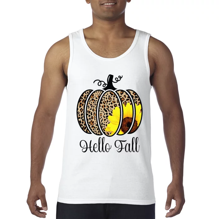 Hello Fall Sunflower Pumpkin Fall YAll Leopard Autumn Tank Top