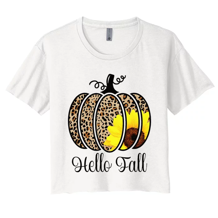 Hello Fall Sunflower Pumpkin Fall YAll Leopard Autumn Women's Crop Top Tee