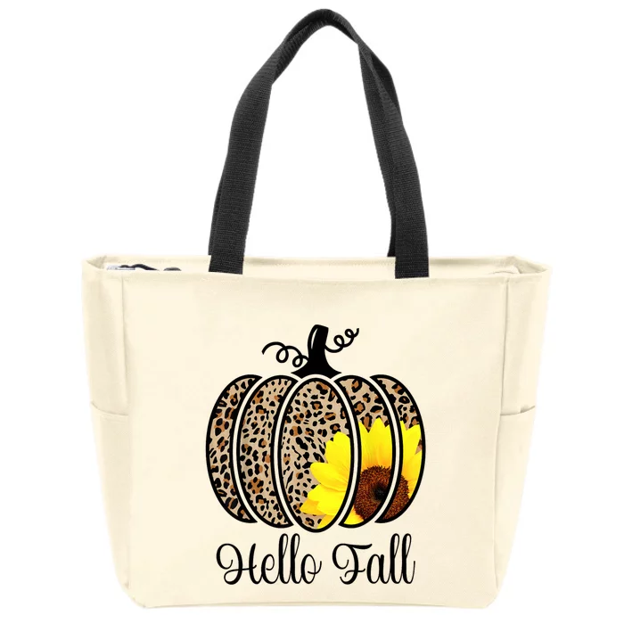 Hello Fall Sunflower Pumpkin Fall YAll Leopard Autumn Zip Tote Bag