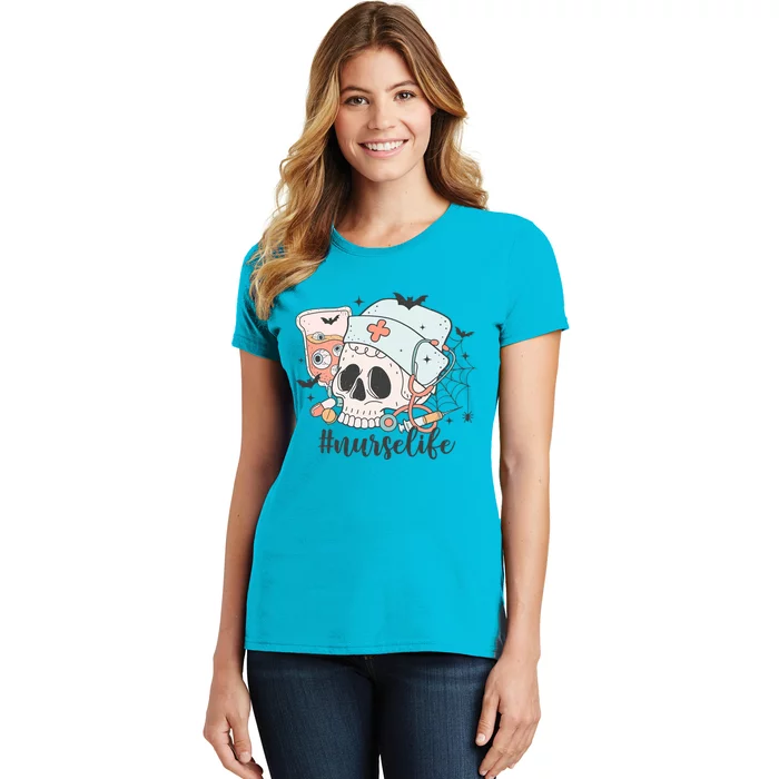 Halloween Funny Skeleton With A NurseS Hat Gift Women's T-Shirt