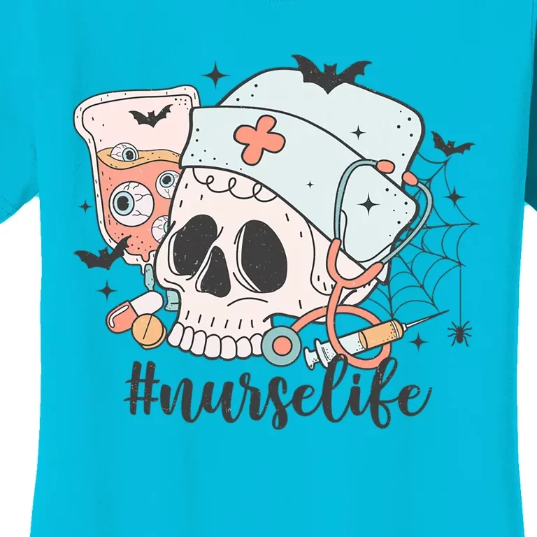 Halloween Funny Skeleton With A NurseS Hat Gift Women's T-Shirt