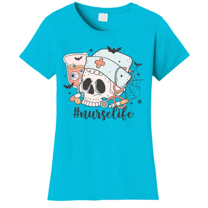 Halloween Funny Skeleton With A NurseS Hat Gift Women's T-Shirt