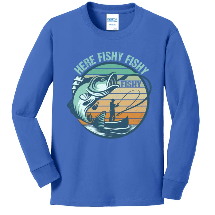 Here Fishy Saying Fisher Fishing Lovers Gift Kids Long Sleeve Shirt