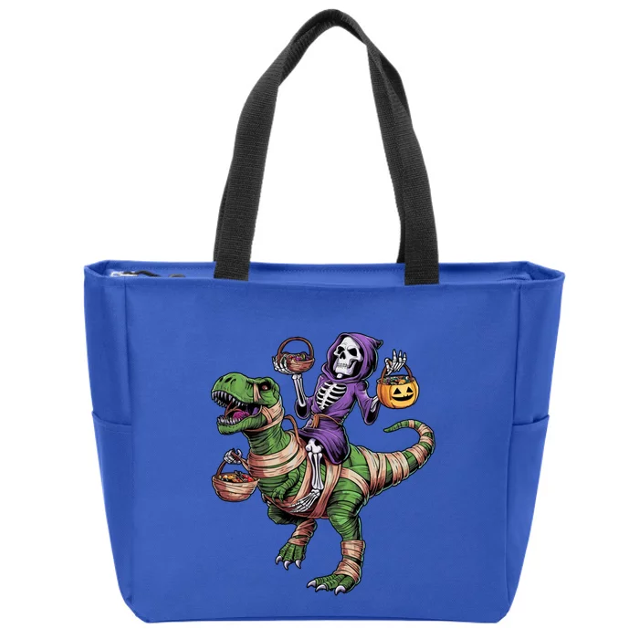 Halloween Funny Skeleton Riding Mummy Dinosaur Trex Great Gift Zip Tote Bag