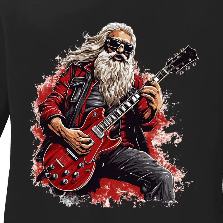 Happy festive Season for Motorcycle Santa and Guitar Lovers Ladies Long Sleeve Shirt