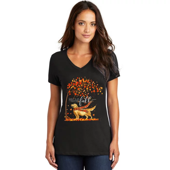 Hello Fall Tree Thanksgiving Dog Lover Golden Retriever Women's V-Neck T-Shirt