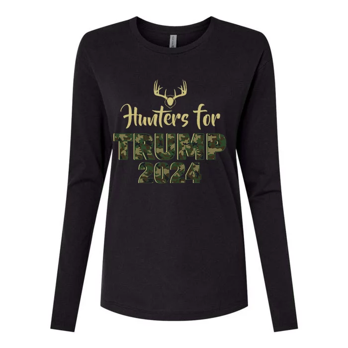 Hunters For Trump 2024 President Camouflage Deer Elk Antlers Womens Cotton Relaxed Long Sleeve T-Shirt