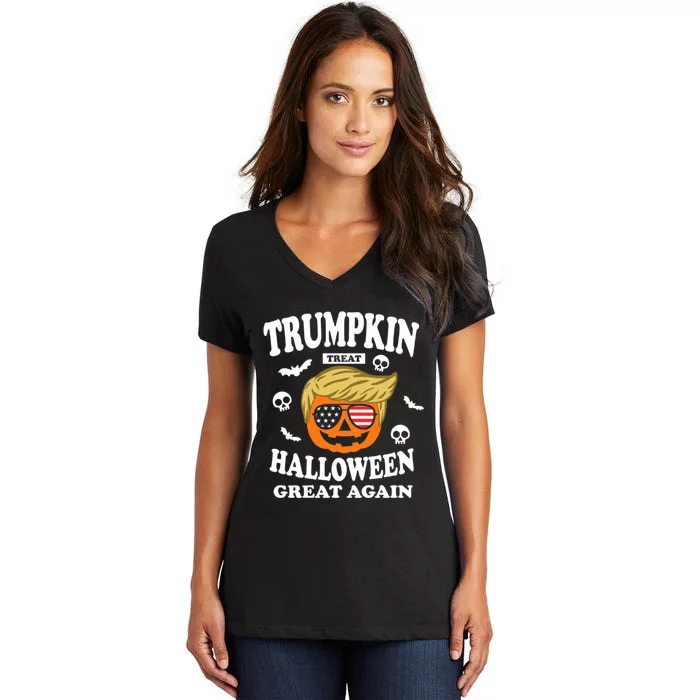 Halloween Funny Trumpkin Treat Halloween Great Again Women's V-Neck T-Shirt