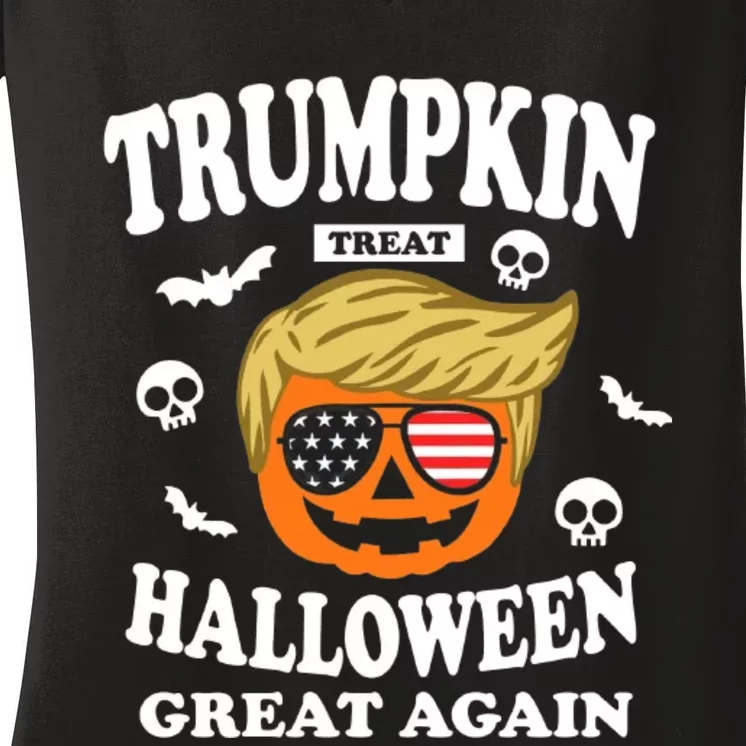 Halloween Funny Trumpkin Treat Halloween Great Again Women's V-Neck T-Shirt